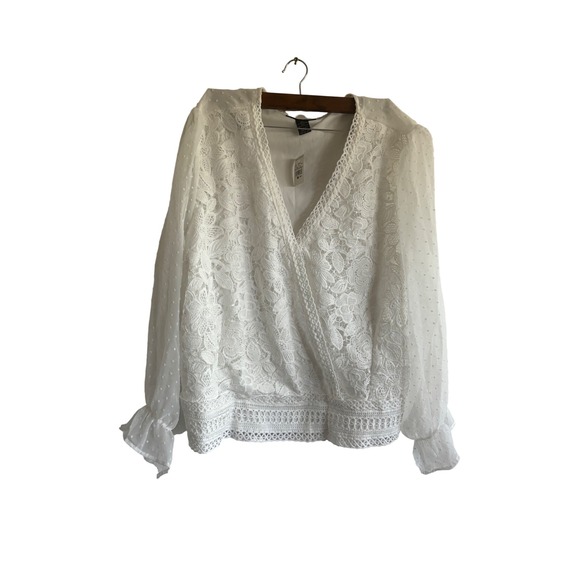 Ashley Stewart Lace‎ Blouse Swiss Dot Long Sleeve White Plus Size 26/28 - Picture 1 of 5